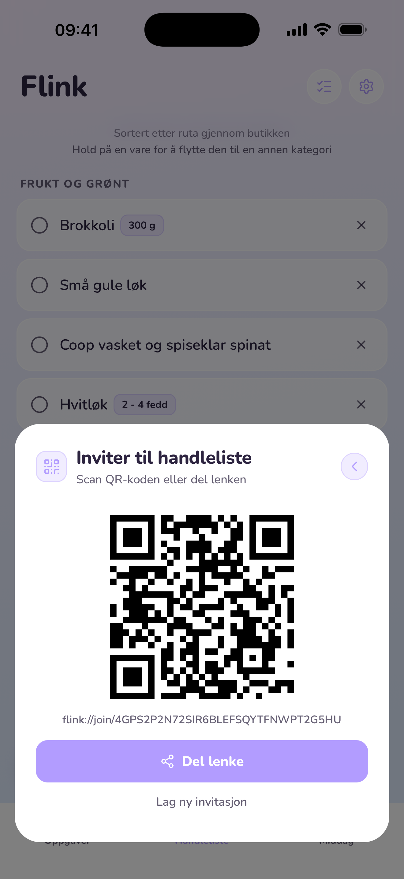 Invitasjon med QR-kode i Flink