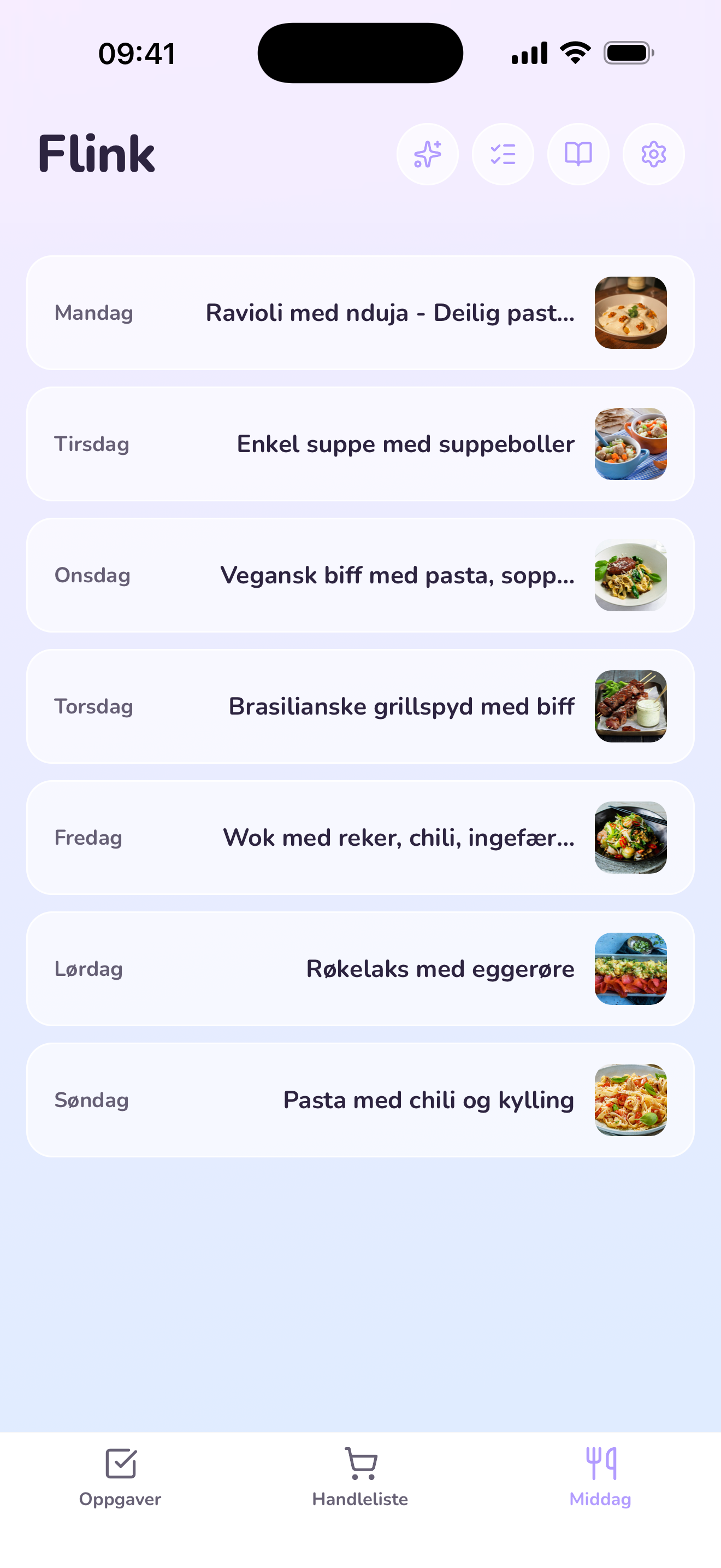 Ukeplan med middager i Flink